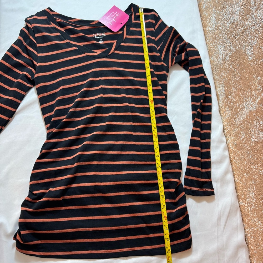 Isabel Maternity Tee Long Sleeve Side Rouging Comfy Striped Black Orange Size XS - Picture 13 of 14